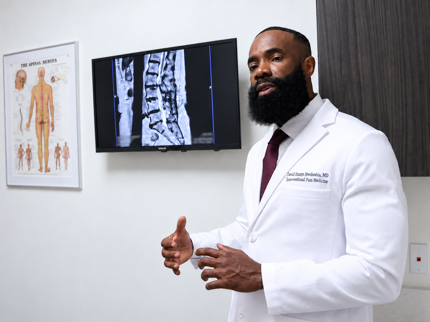 Dr. David Nwokeabia in a white coat beside lumbar MRI and spinal anatomy images