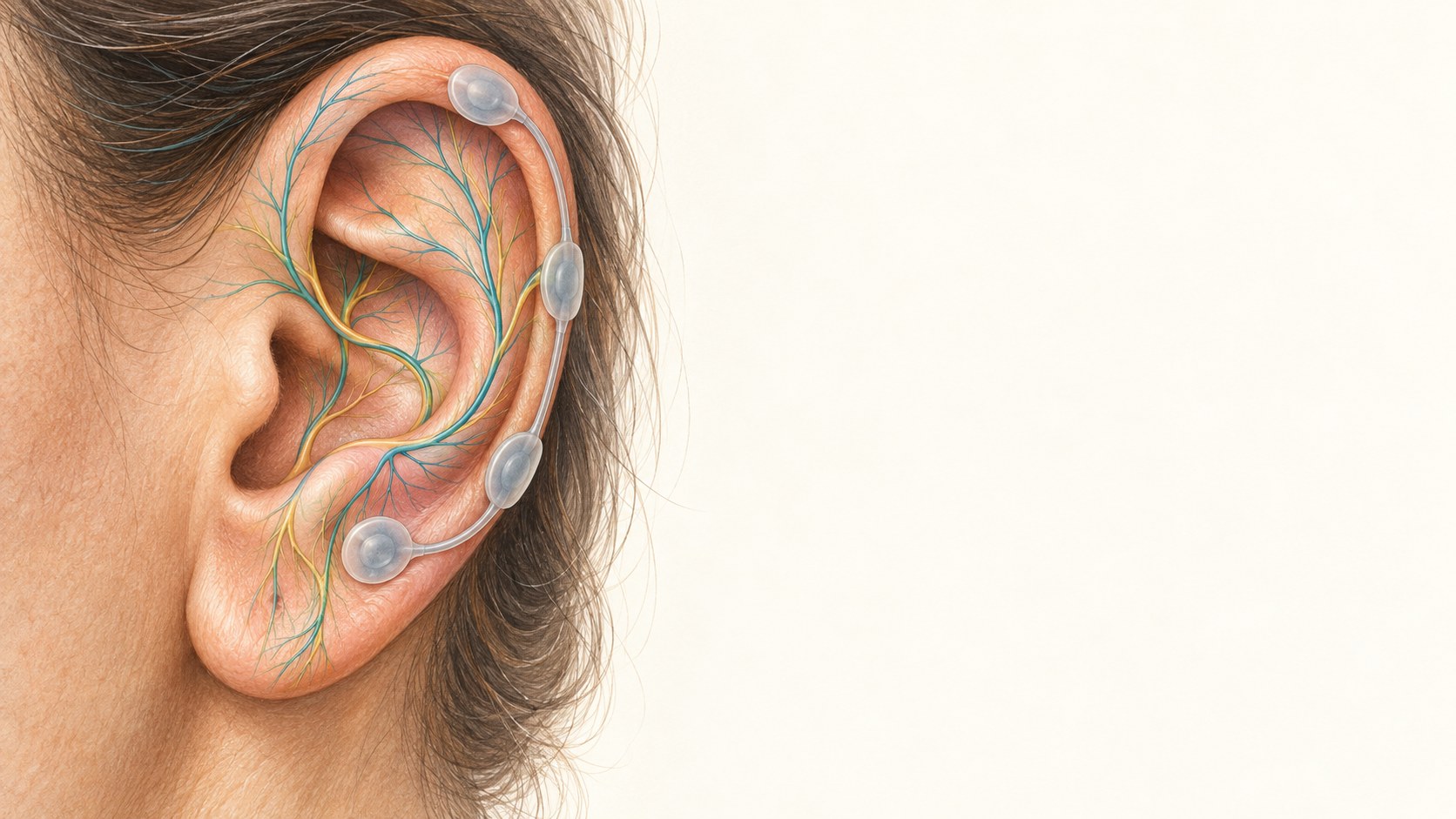 Medical illustration of superficial auricular nerve pathways and a temporary external electrode array on the outer ear.