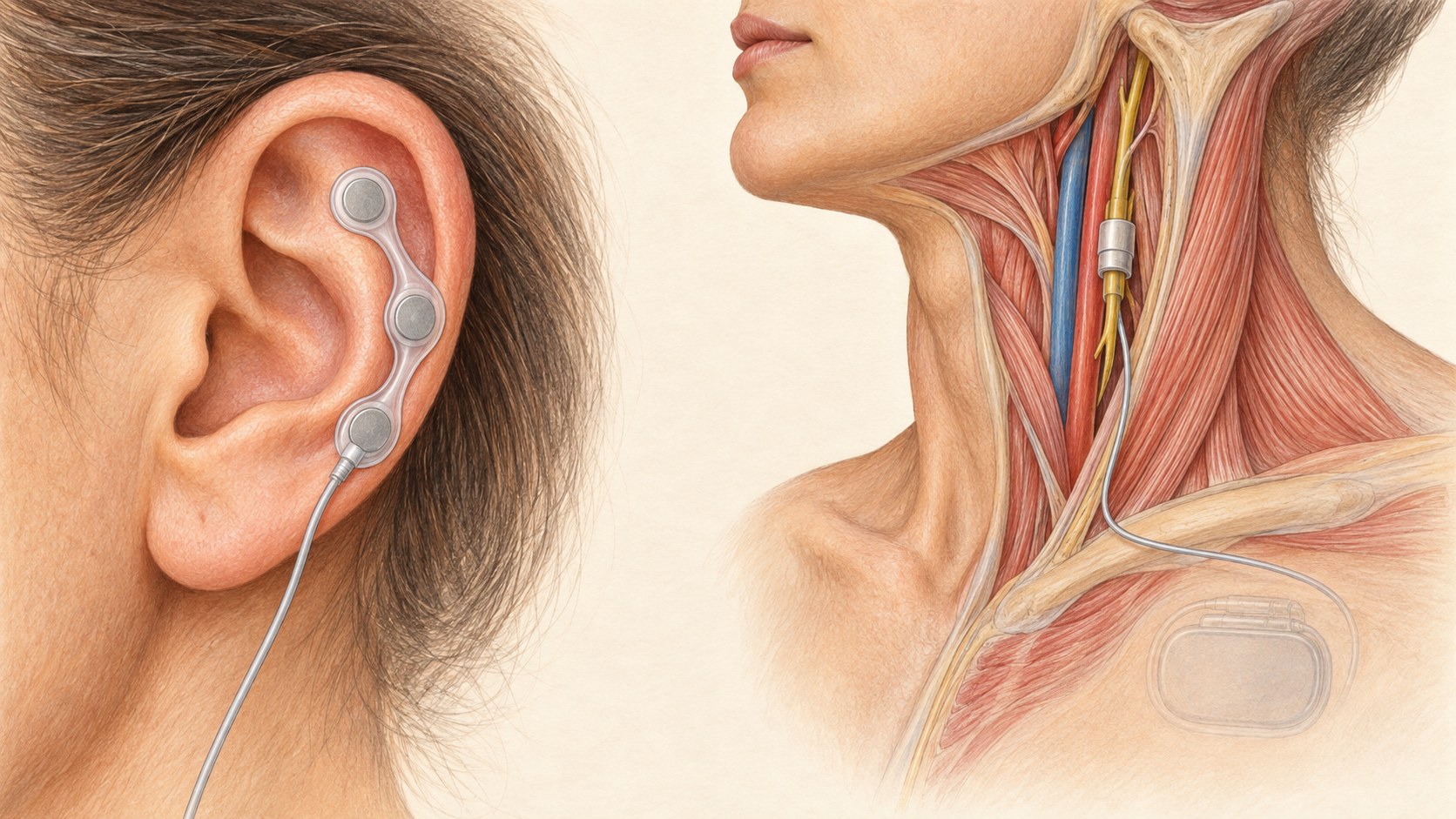 Side-by-side medical illustration distinguishing a temporary auricular electrode from an implanted cervical vagus nerve stimulation system.