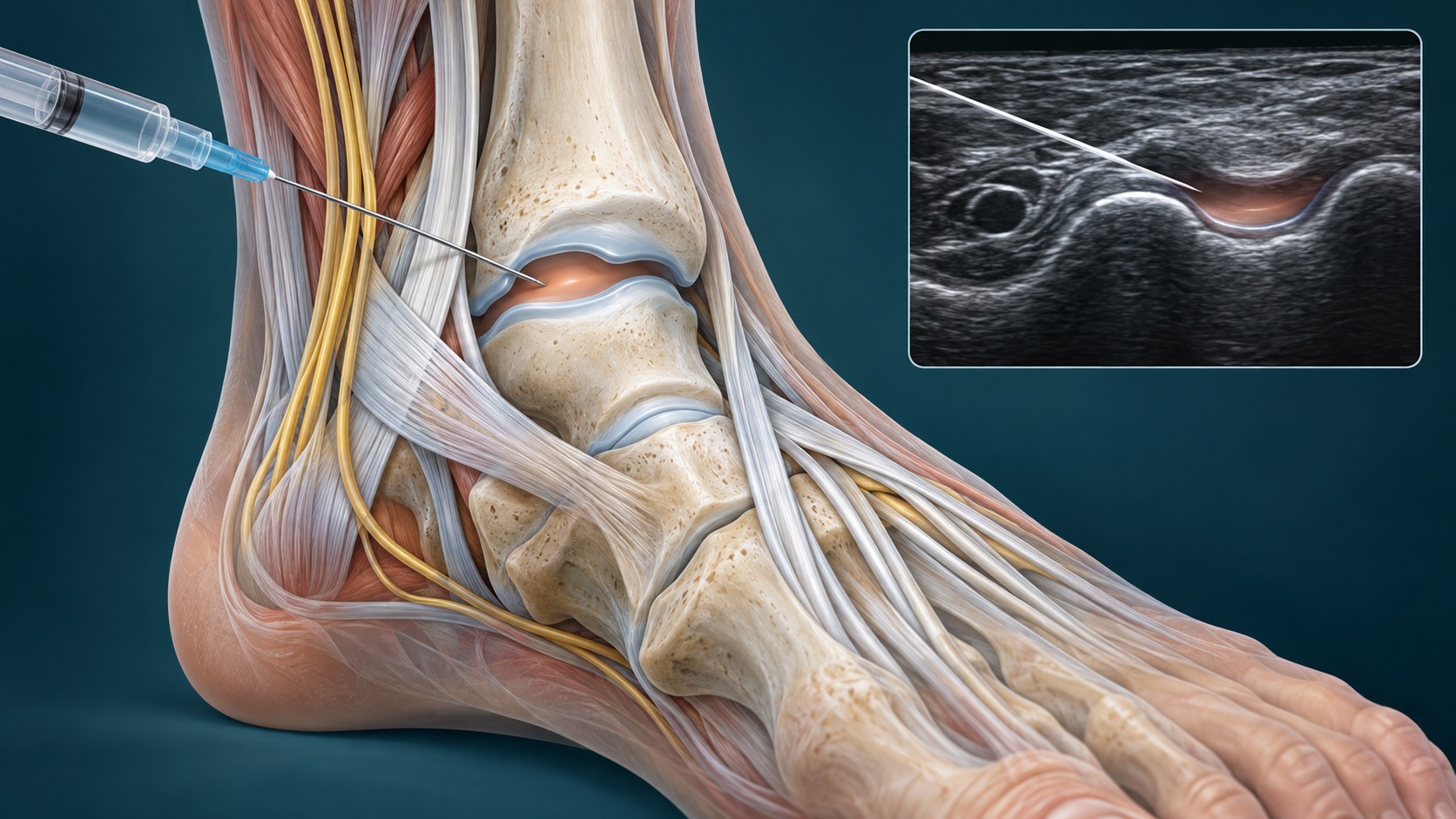 Image-guided needle approaching the ankle joint recess.