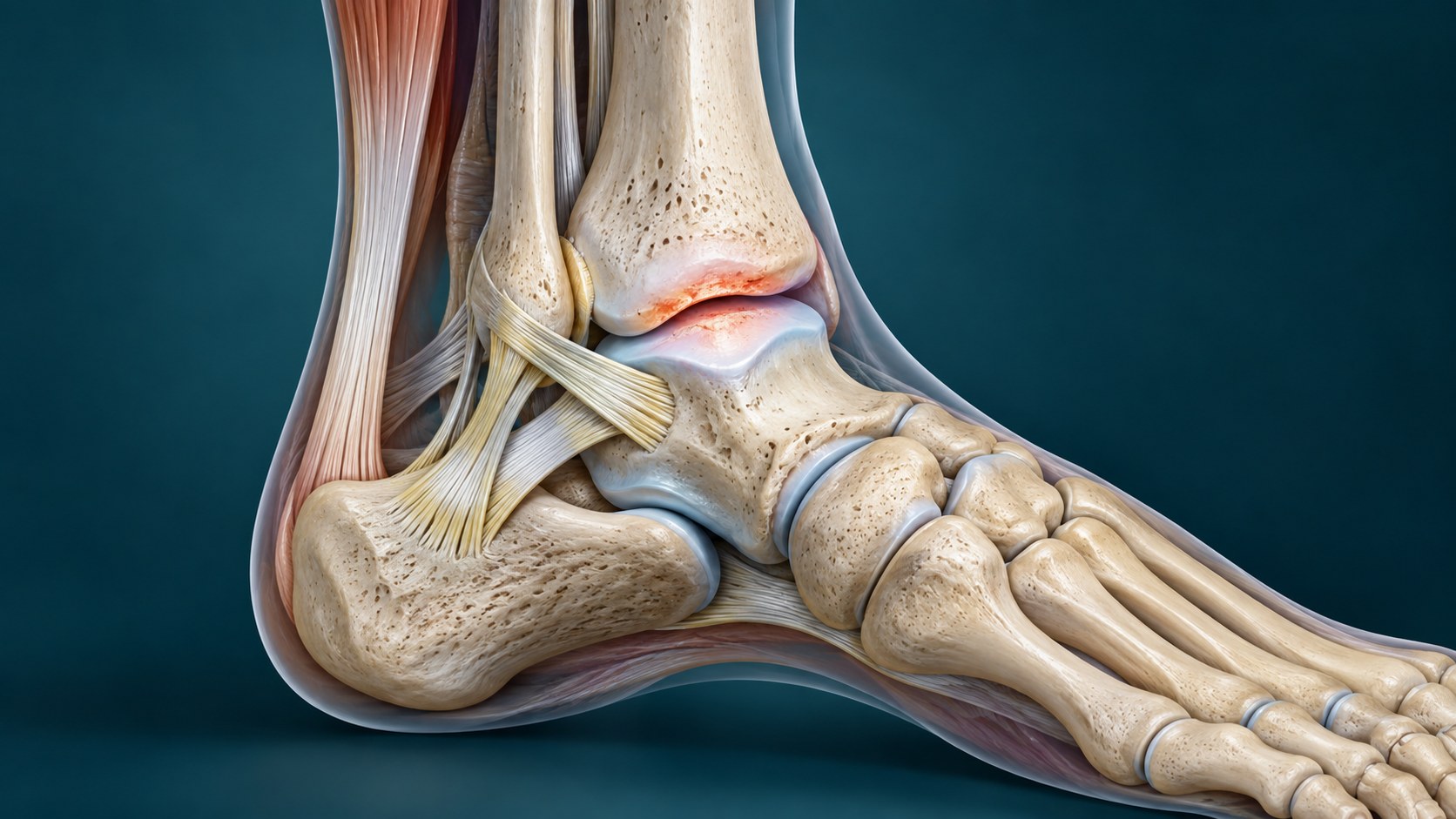 Ankle joint anatomy with degenerative change and neighboring tendons and nerves.