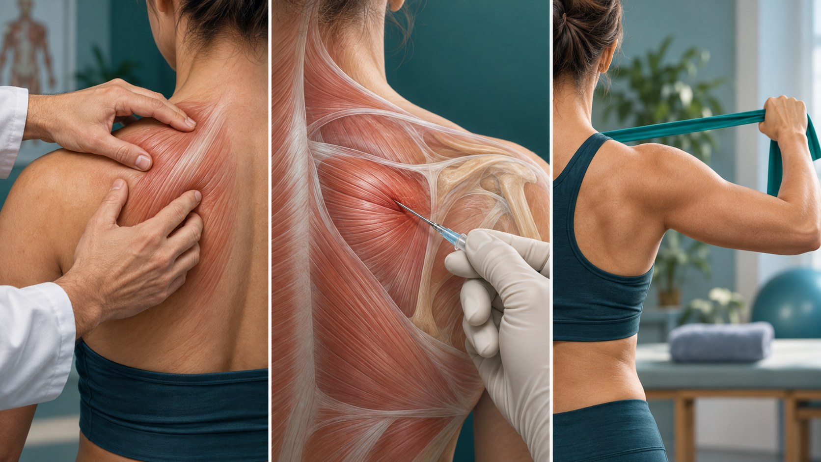 Palpation, trigger point injection, and movement rehabilitation shown with equal weight.