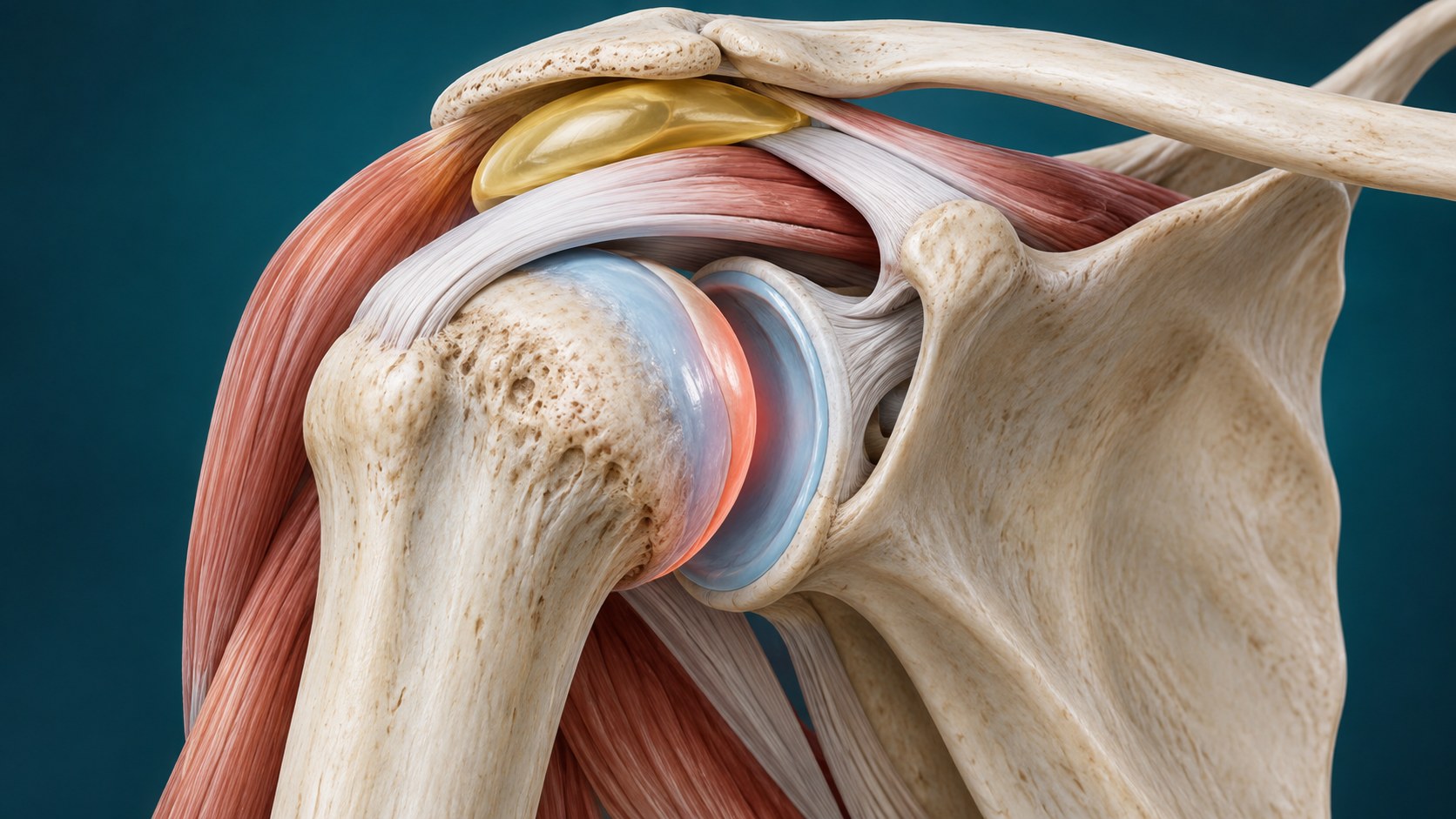 Shoulder joint, rotator cuff, bursa, and nearby referral pathways shown for differential orientation.