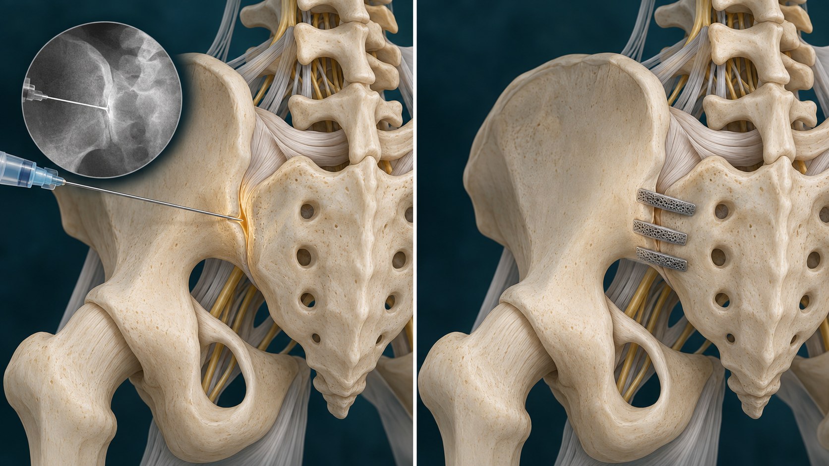 Sacroiliac injection and posterior stabilization shown as different pathways.