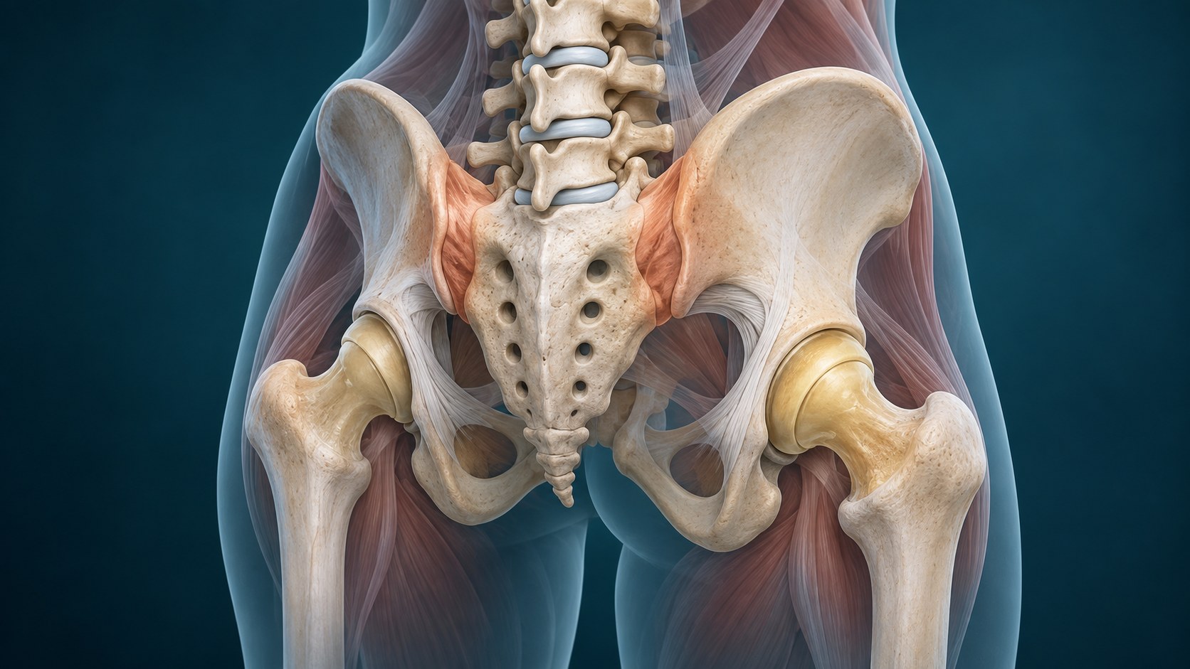 Sacroiliac joints shown beside lumbar spine and hip anatomy.