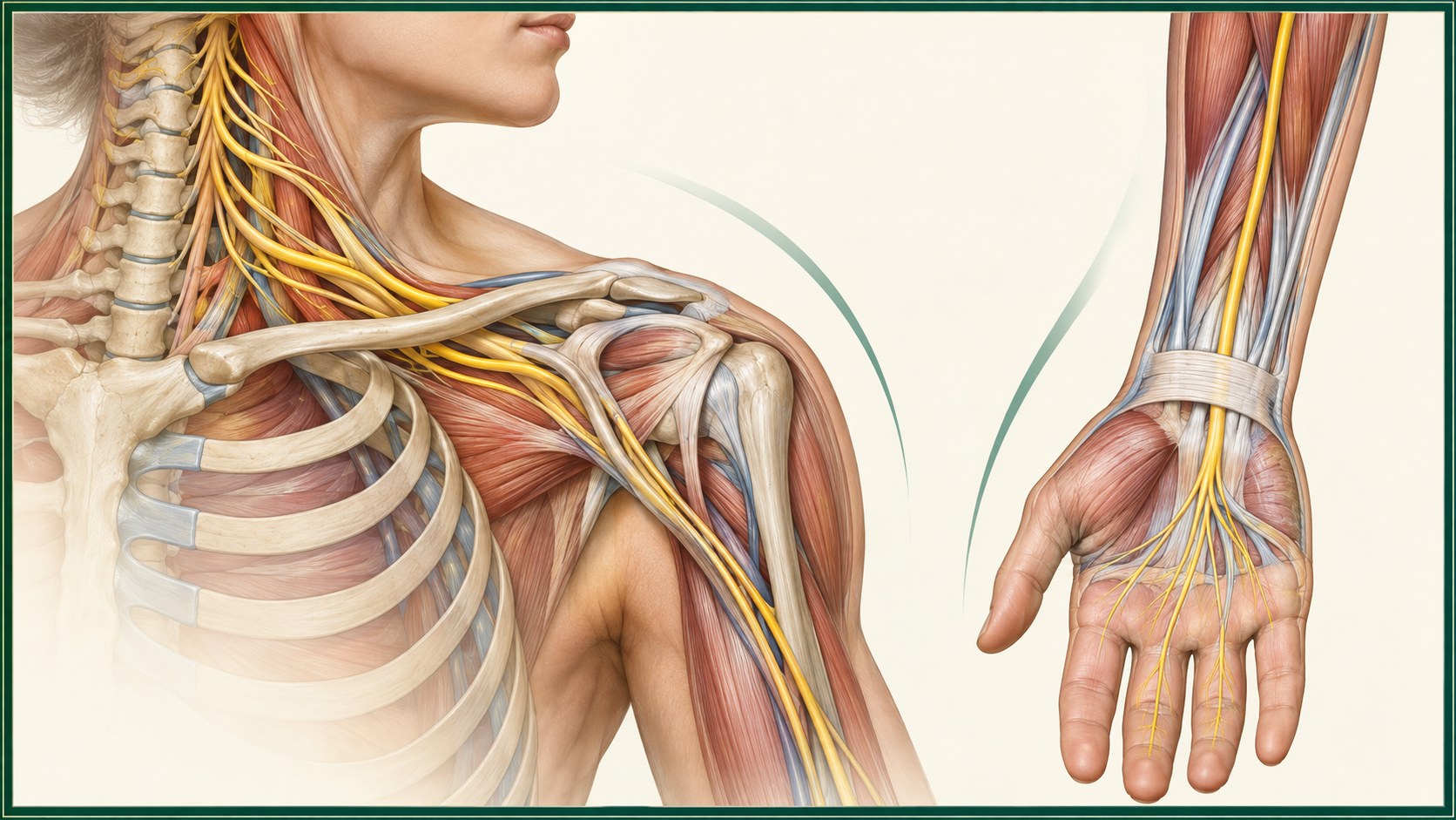Brachial plexus and median nerve pathways from the neck through the hand.