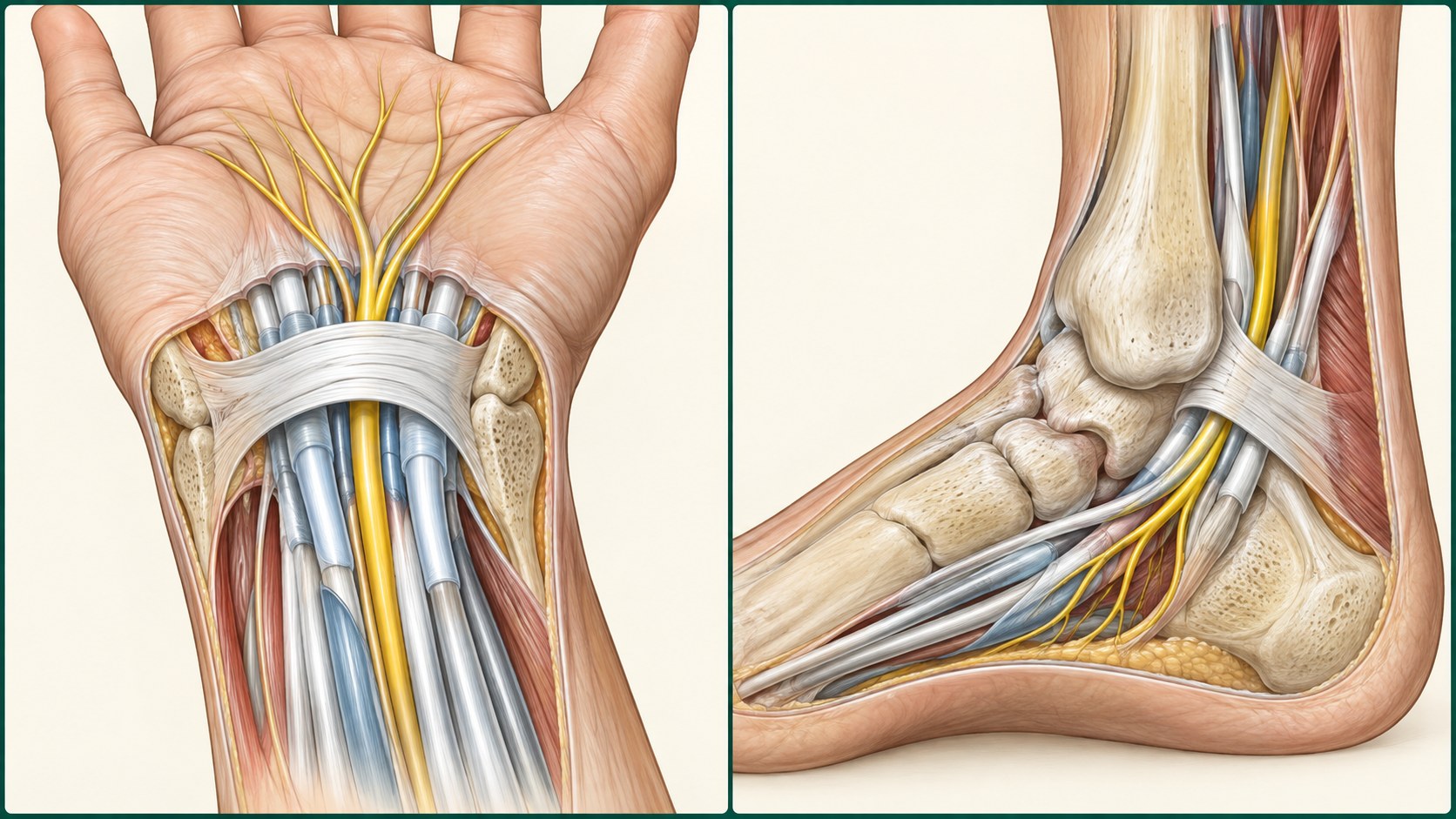 Median nerve at the carpal tunnel compared with tibial nerve at the tarsal tunnel.