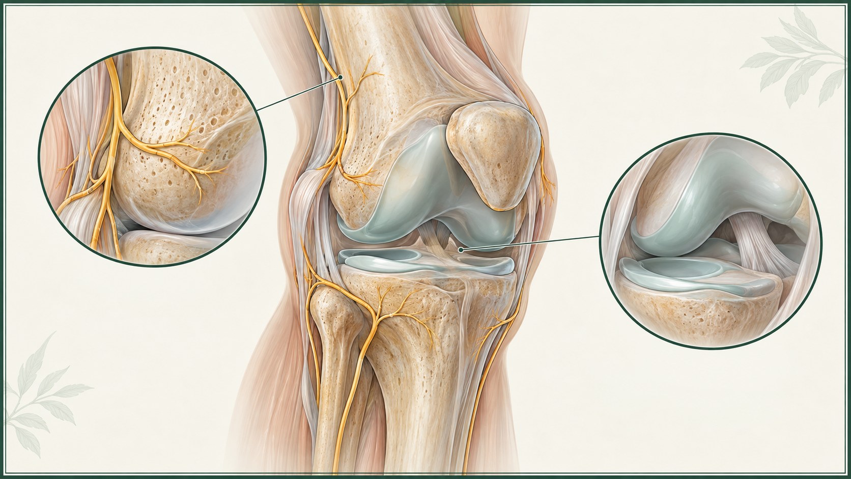 Knee joint structures and genicular nerve pathways shown as distinct clinical targets.