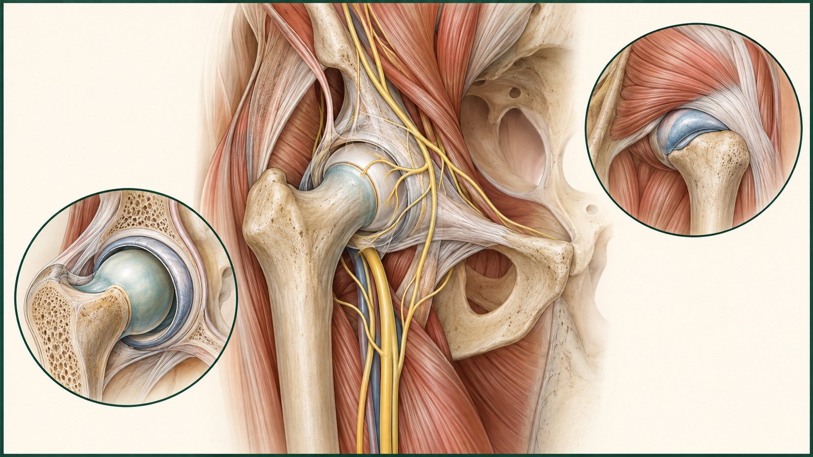 Hip articular nerve branches shown beside joint and surrounding structures.