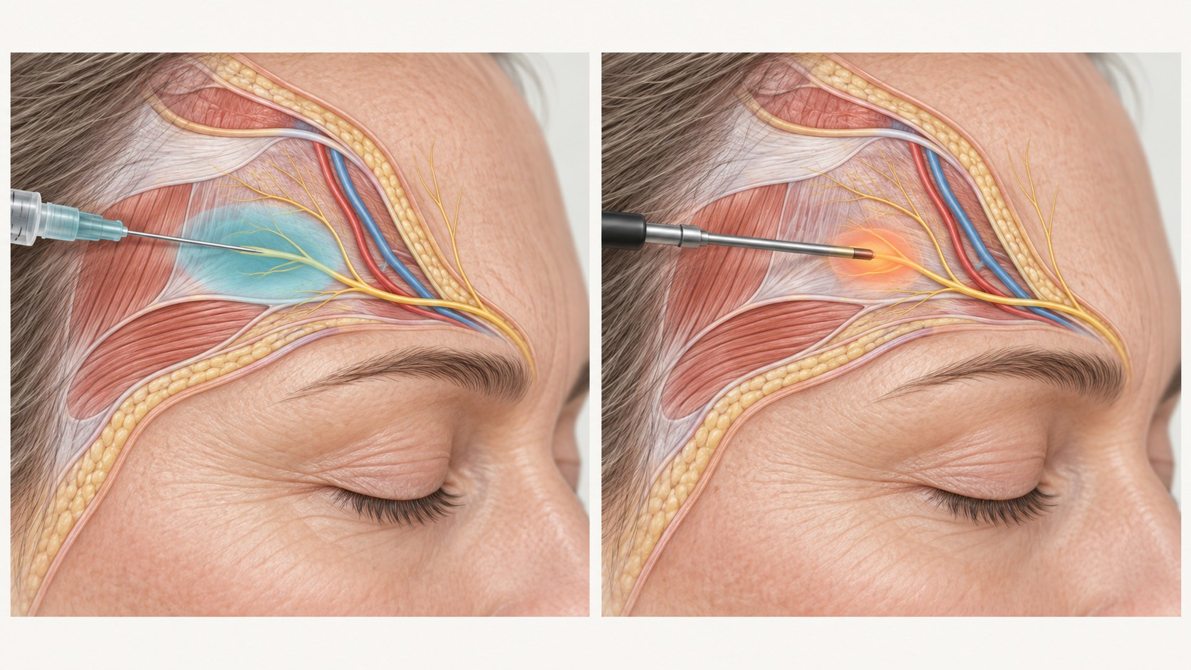 A superficial sensory nerve block and radiofrequency treatment shown as separate target-specific procedures.