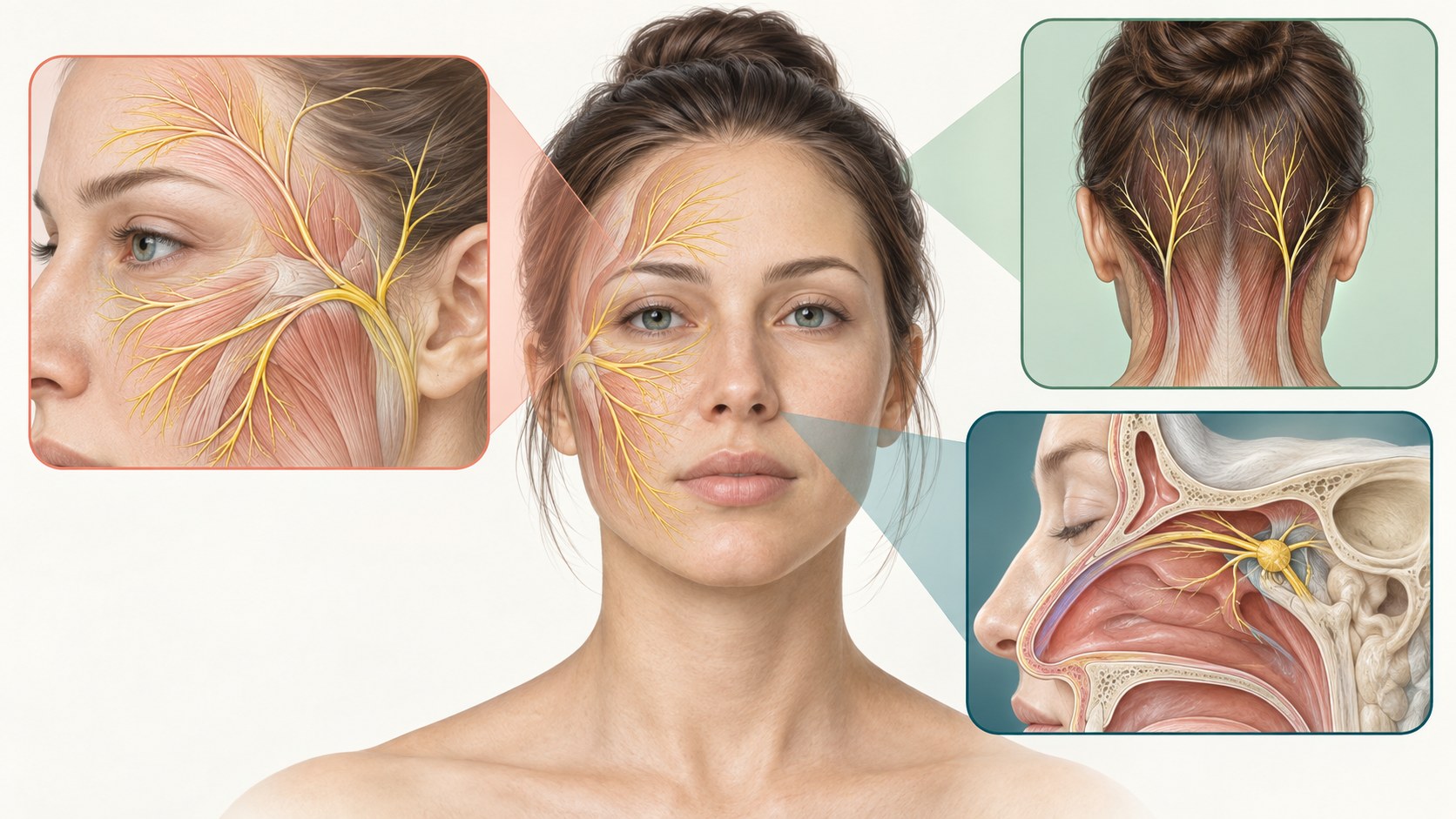 Superficial facial, posterior scalp, and deep sphenopalatine target regions shown as separate craniofacial pathways.