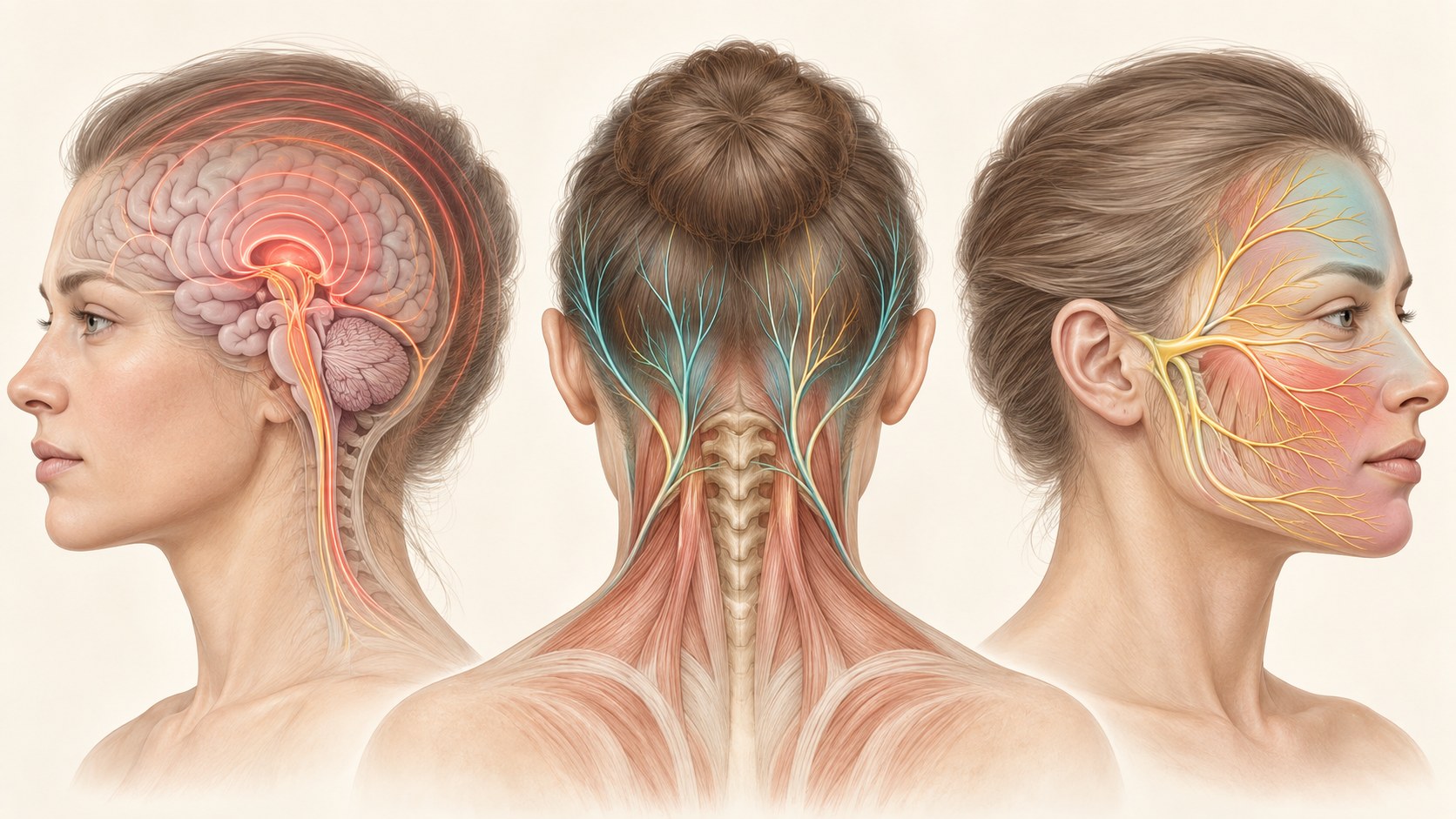 Primary headache signaling, occipital pathways, and superficial trigeminal sensory regions shown as different concepts.