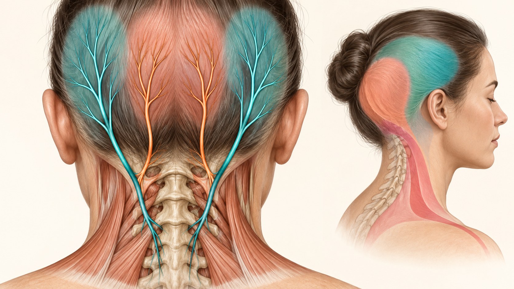 Occipital nerve pathways shown beside an upper cervical referral pattern.