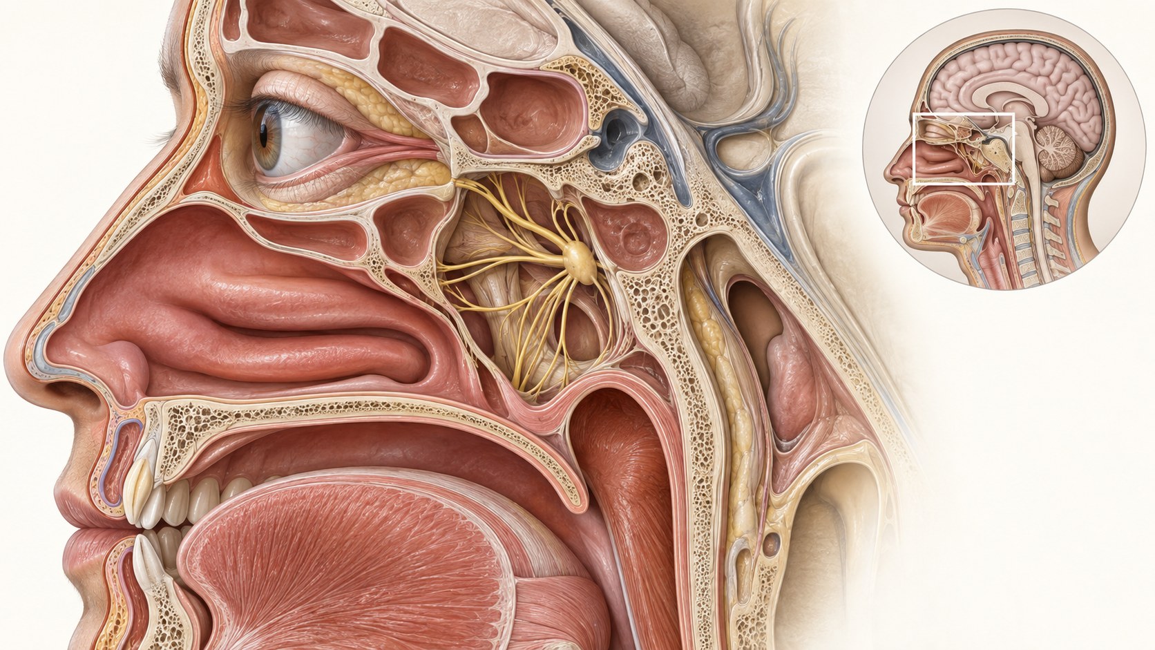 Sagittal head anatomy showing the deep sphenopalatine ganglion region behind the nasal cavity.