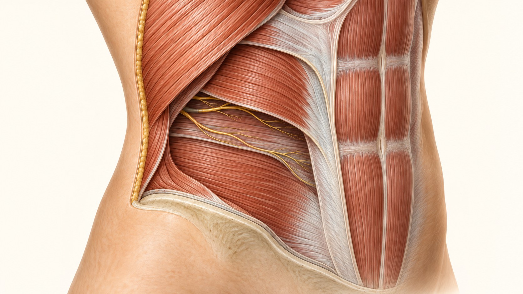 Layered abdominal wall musculature and superficial nerve pathways shown in cross-sectional orientation.