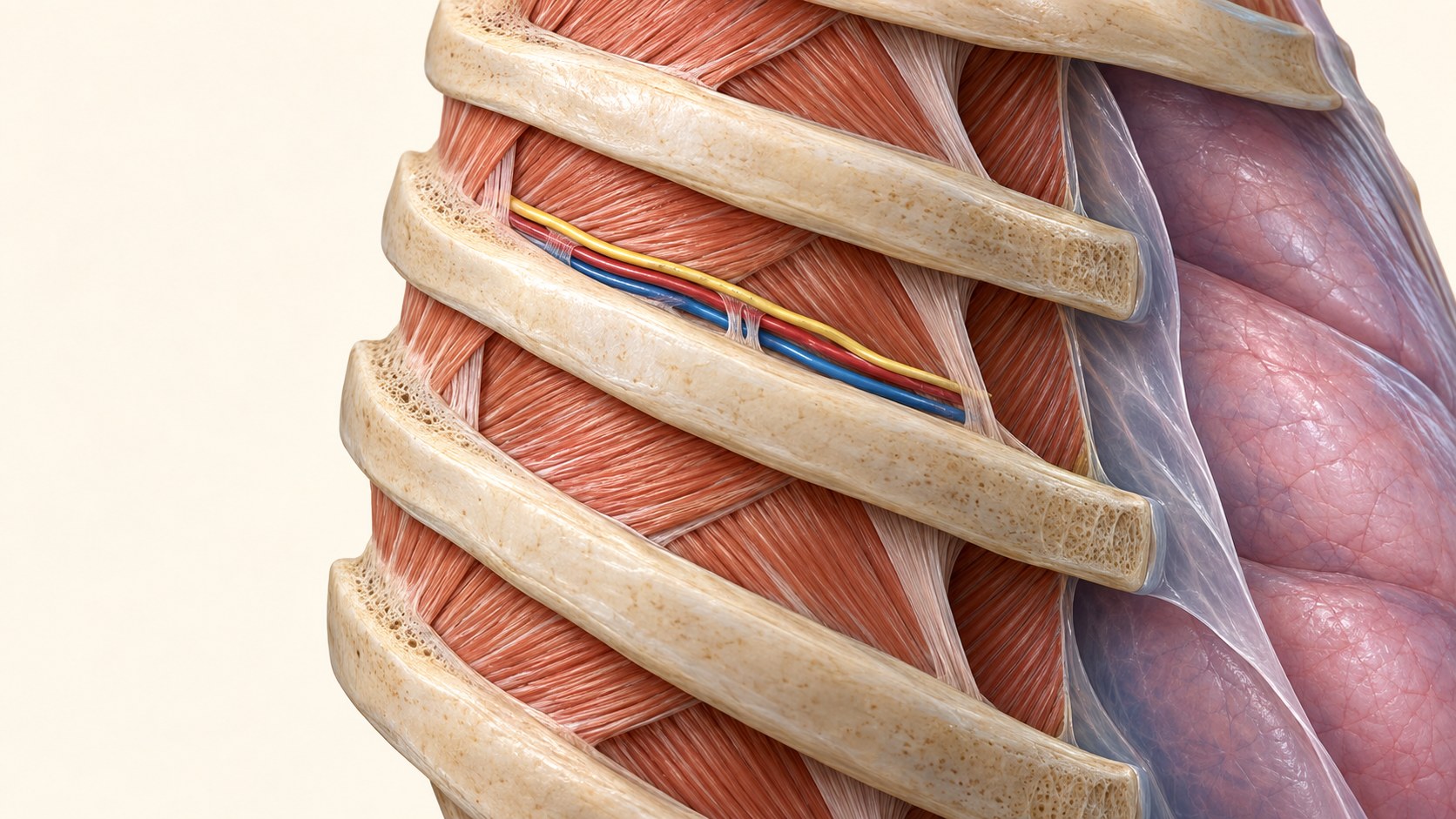 Chest wall anatomy showing an intercostal neurovascular bundle beneath a rib and the nearby pleura.