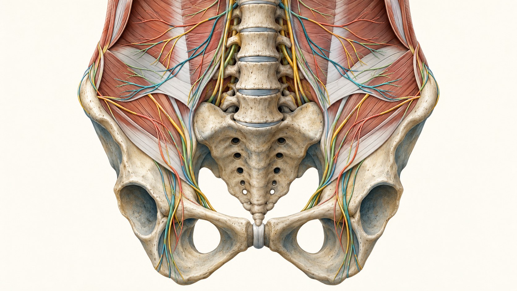 Lower abdominal and pelvic nerve pathways shown around the lumbar spine and bony pelvis.