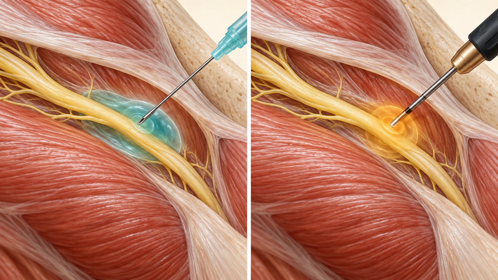 A peripheral nerve block and radiofrequency procedure shown as separate target-specific interventions.