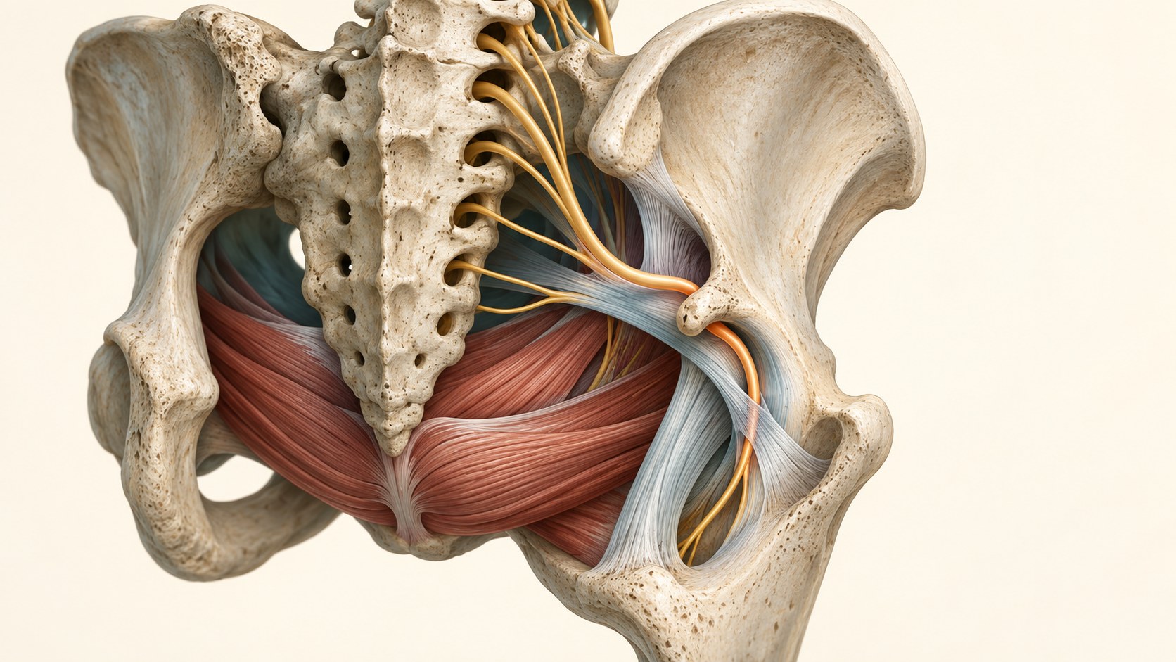 Posterior-oblique pelvis showing a pudendal nerve pathway near the ischial spine and pelvic floor.