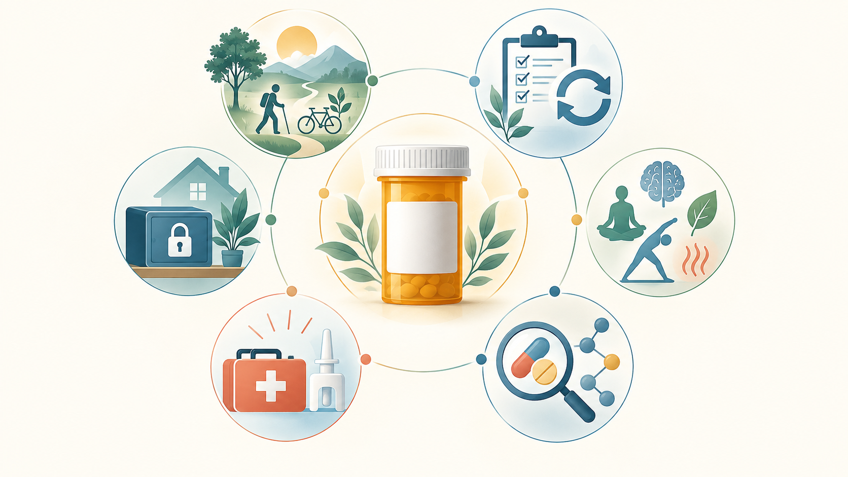Medication-safety concepts including function, reassessment, secure storage, overdose preparedness, and multimodal care.