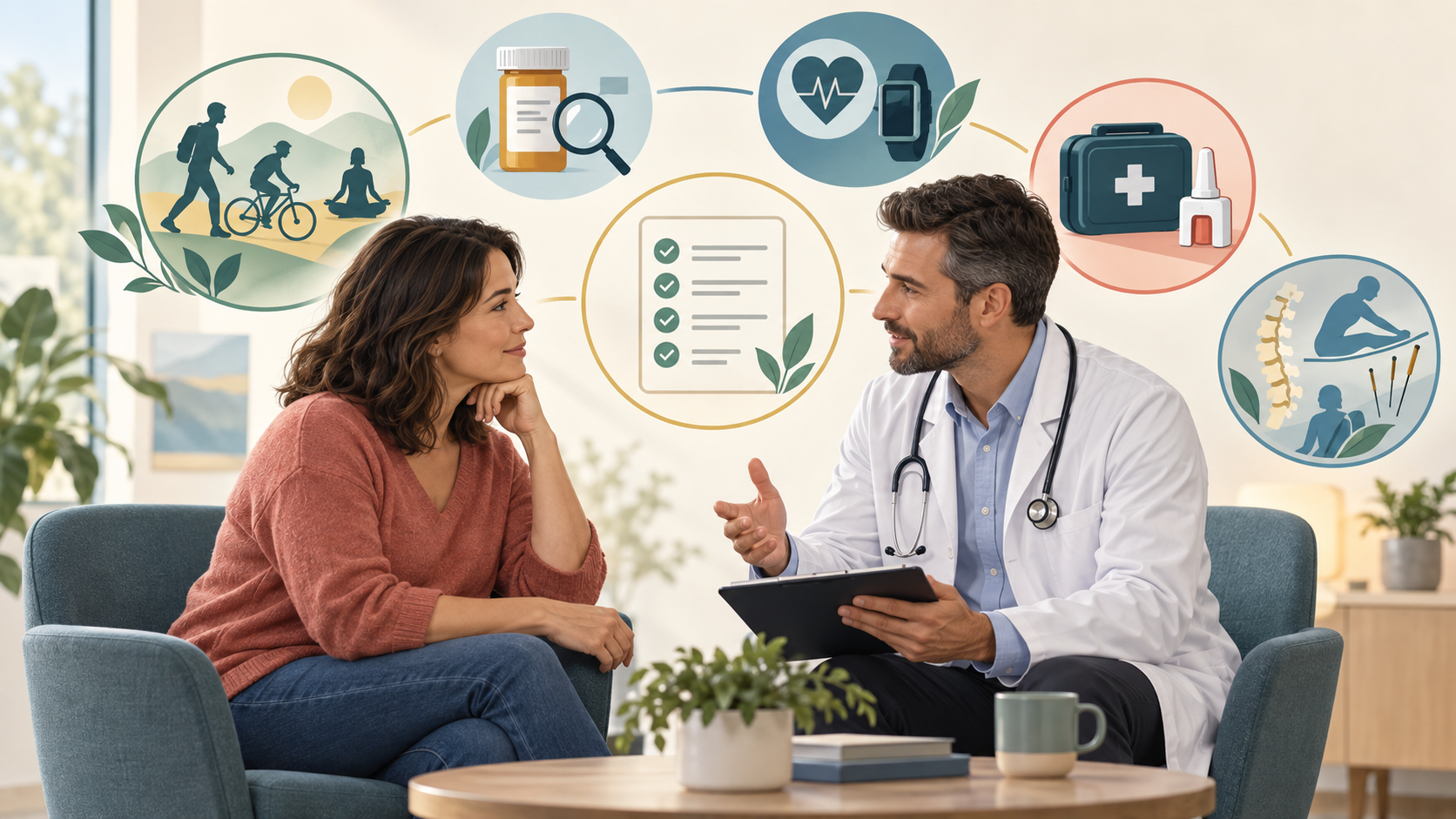 Clinician and patient reviewing an individualized medication-safety and function plan.