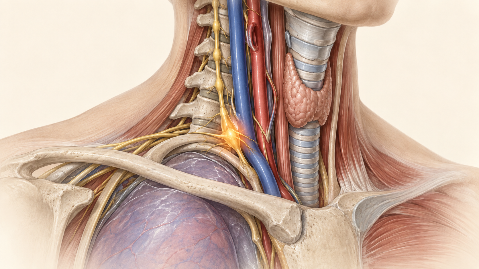 Cervicothoracic sympathetic chain and stellate target beside major neck and upper-chest structures.