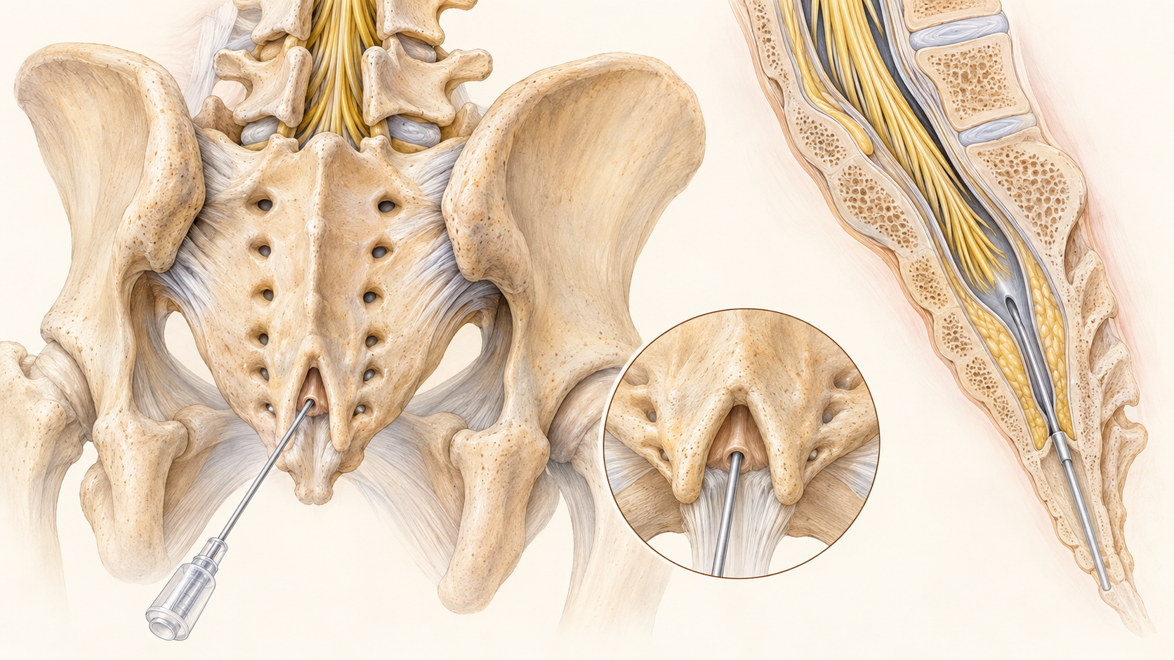 Posterior caudal epidural access anatomy at the sacral hiatus.