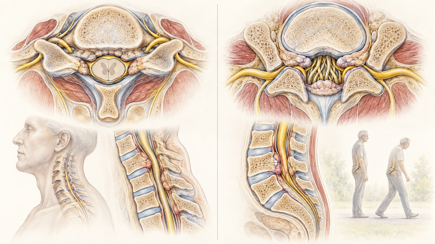 Cervical and lumbar spinal canal narrowing shown side by side.