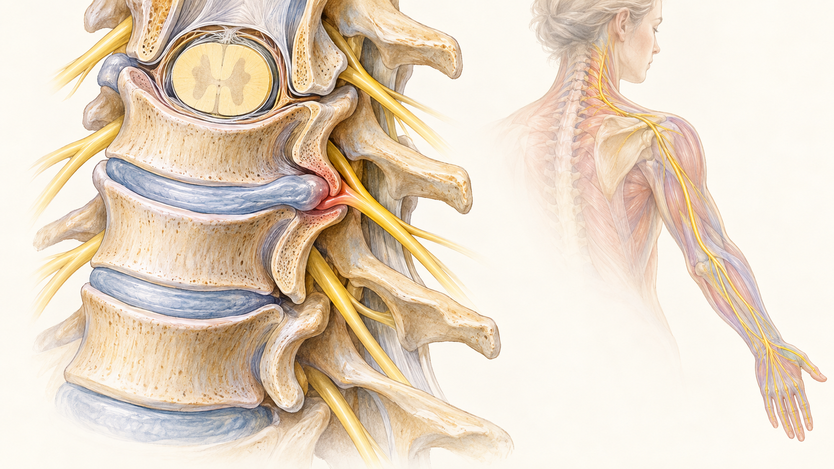 Cervical spine and nerve-root anatomy with a representative arm symptom pathway.