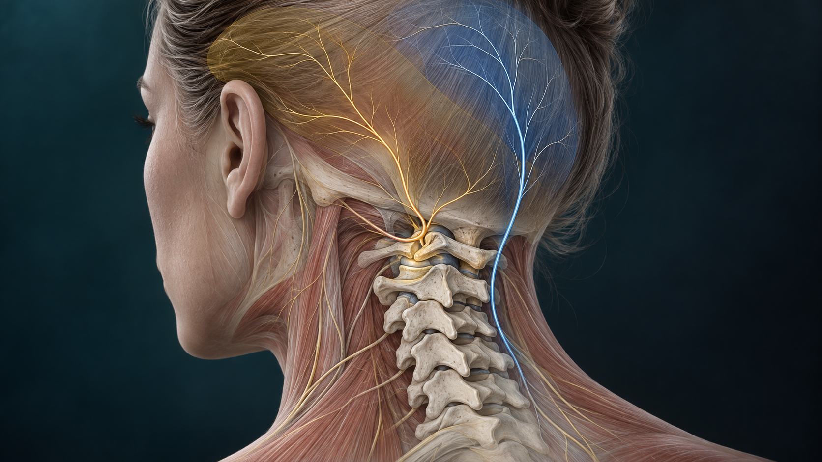Upper cervical referred-pain anatomy shown separately from the occipital nerve pathway.