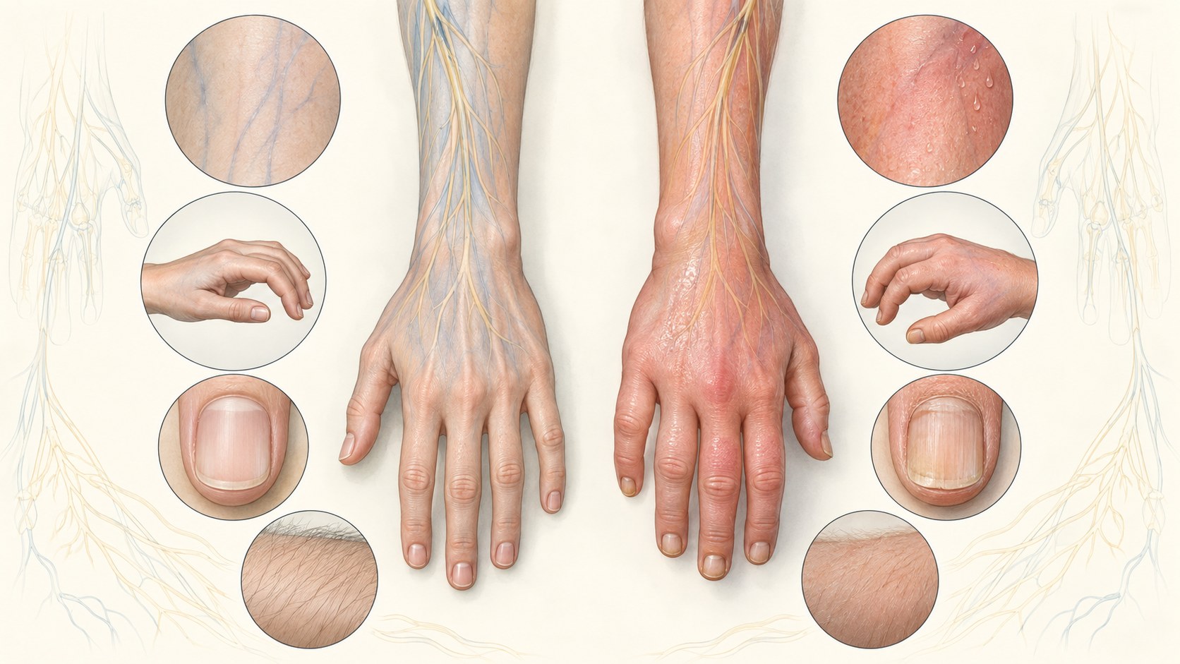 Medical illustration comparing upper-limb sensory, color, swelling, sweating, movement, and trophic changes.