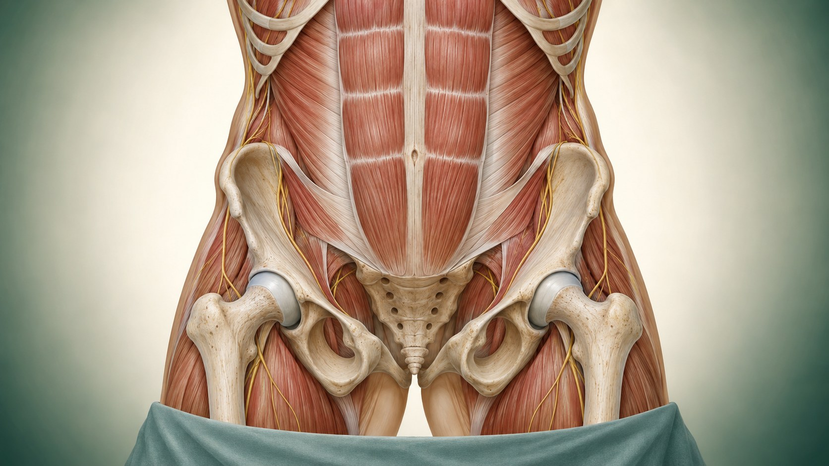 Clinical illustration of abdominal-wall, pelvic, and groin nerve pathways.