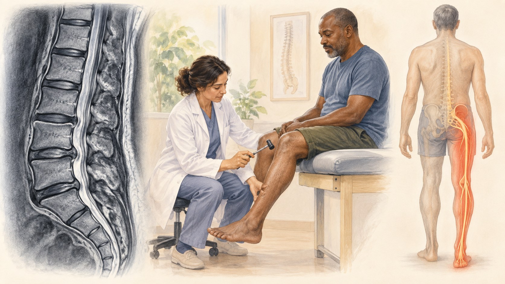 Clinical illustration of the lumbar spine, sacrum, and sacroiliac region.