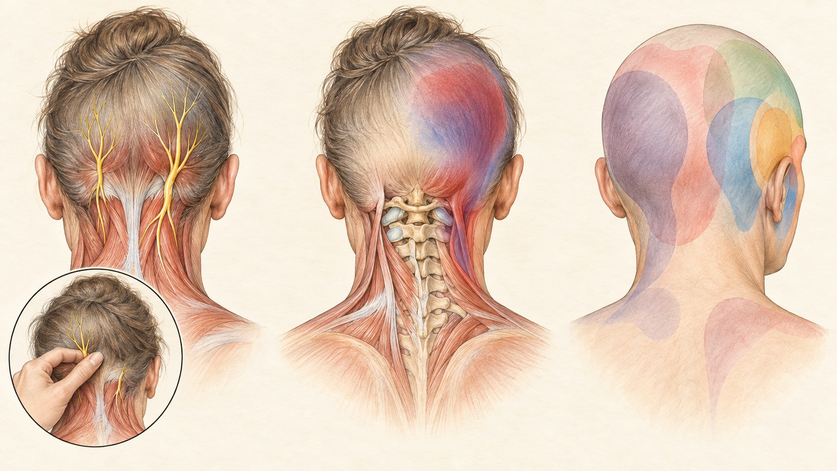 Clinical illustration of the head and upper cervical region for headache and facial pain discovery.