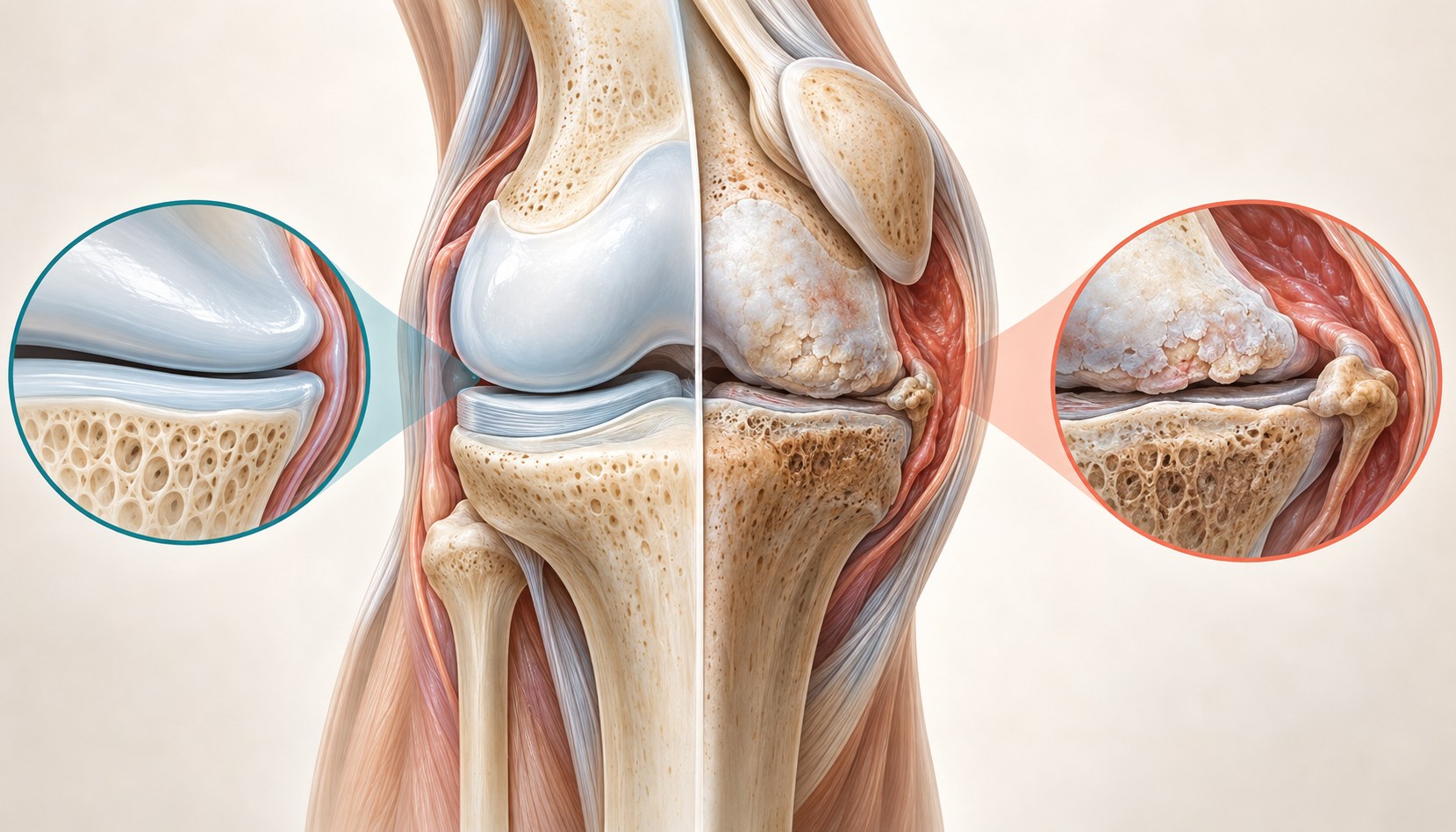 Clinical illustration of knee anatomy and osteoarthritis-related structural change.