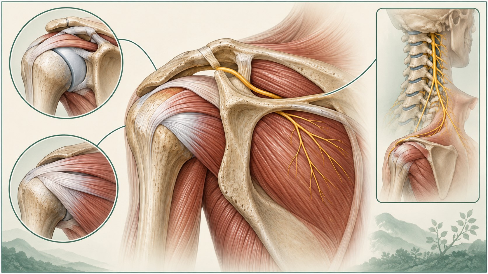 Clinical illustration of shoulder anatomy and the suprascapular nerve pathway.
