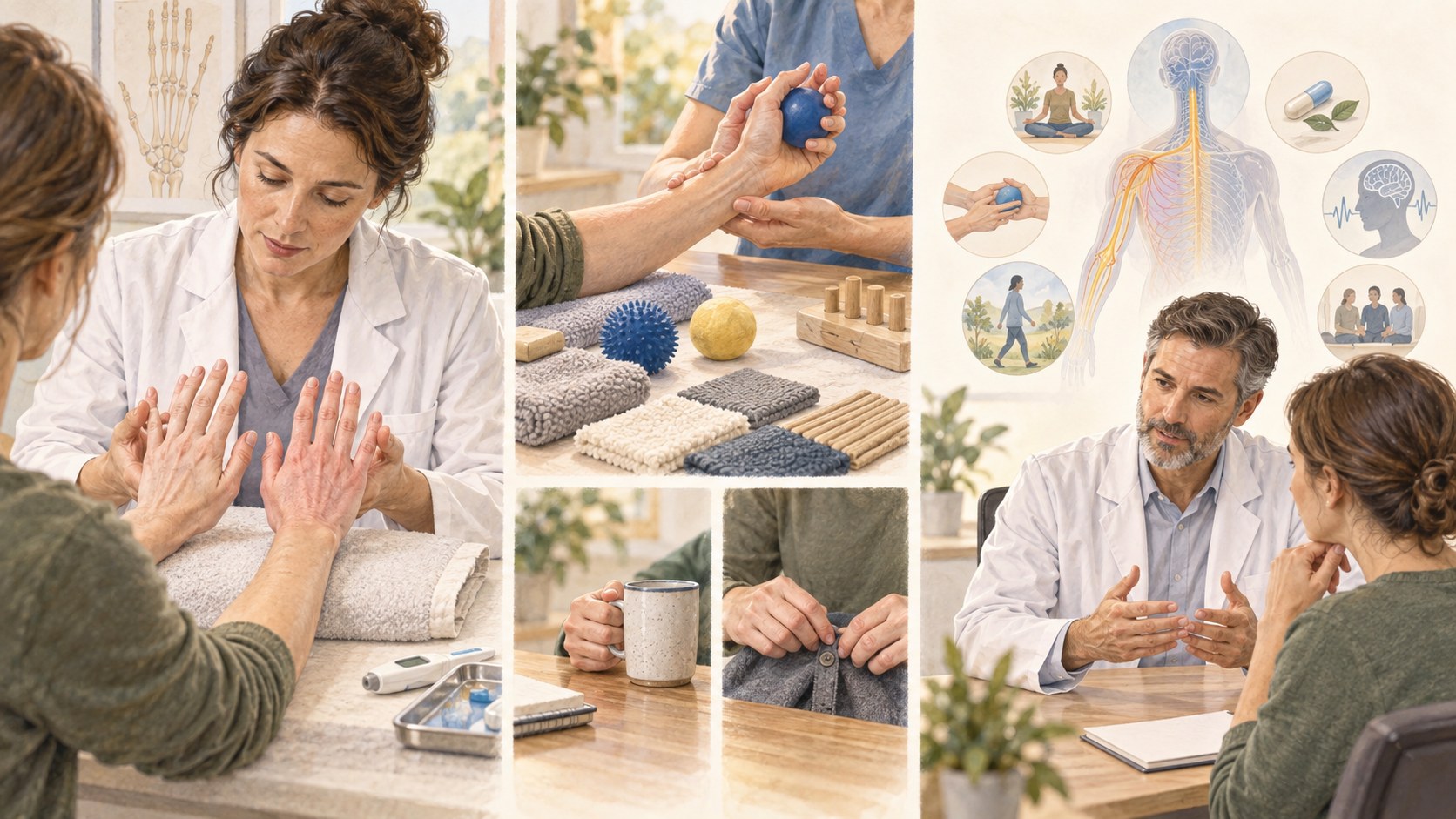 Clinical pathway illustration showing side-to-side assessment, graded hand therapy, and balanced treatment selection for complex regional pain syndrome.