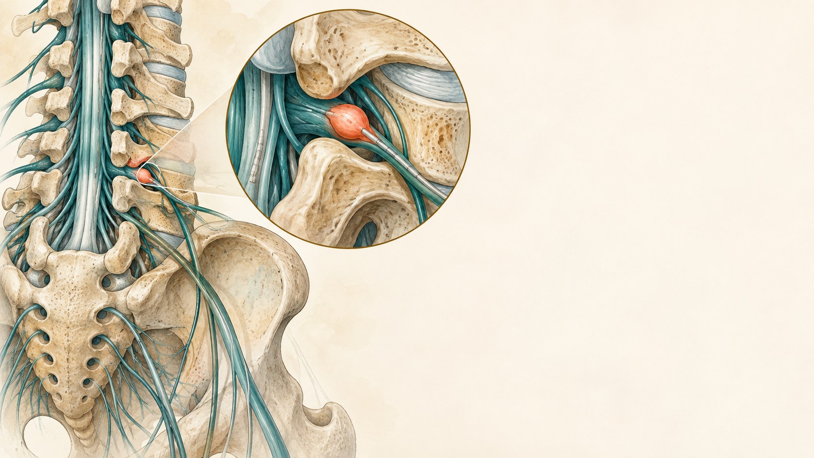 Medical illustration of a lumbar dorsal root ganglion and a focal stimulation lead near the neural foramen.
