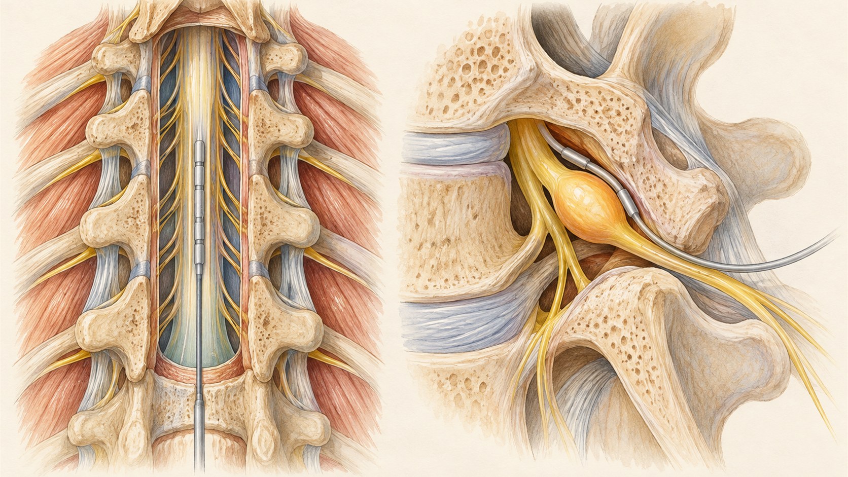 Side-by-side medical illustration comparing a broader spinal cord target with a focal dorsal root ganglion target.