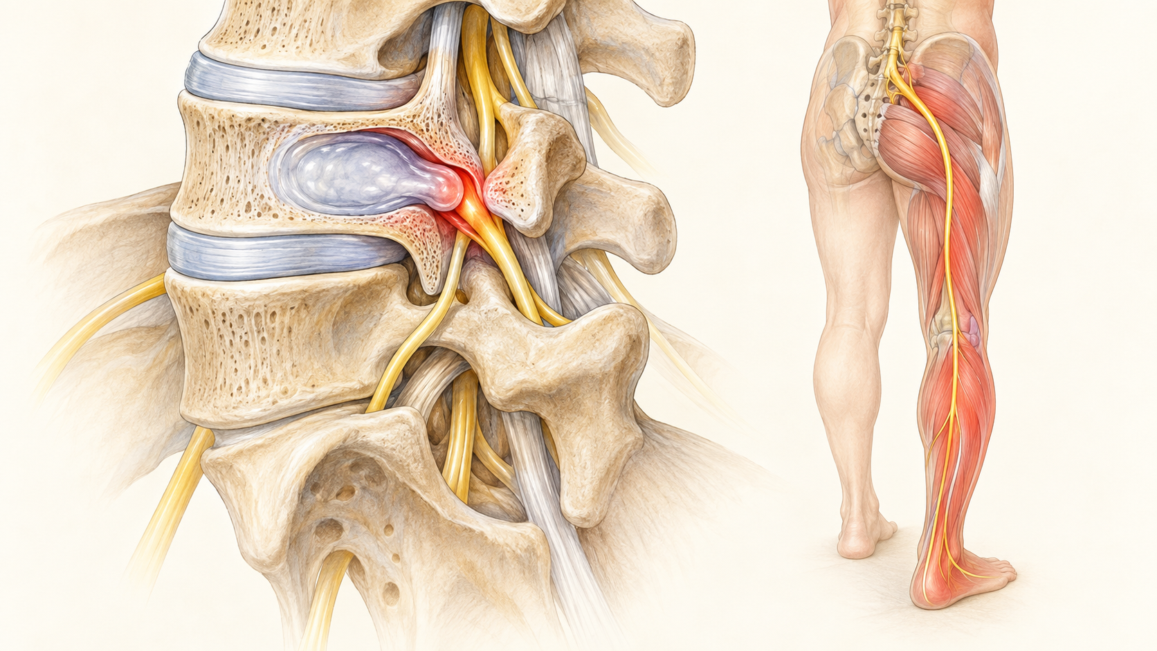 Lumbar nerve-root anatomy and a leg symptom distribution.