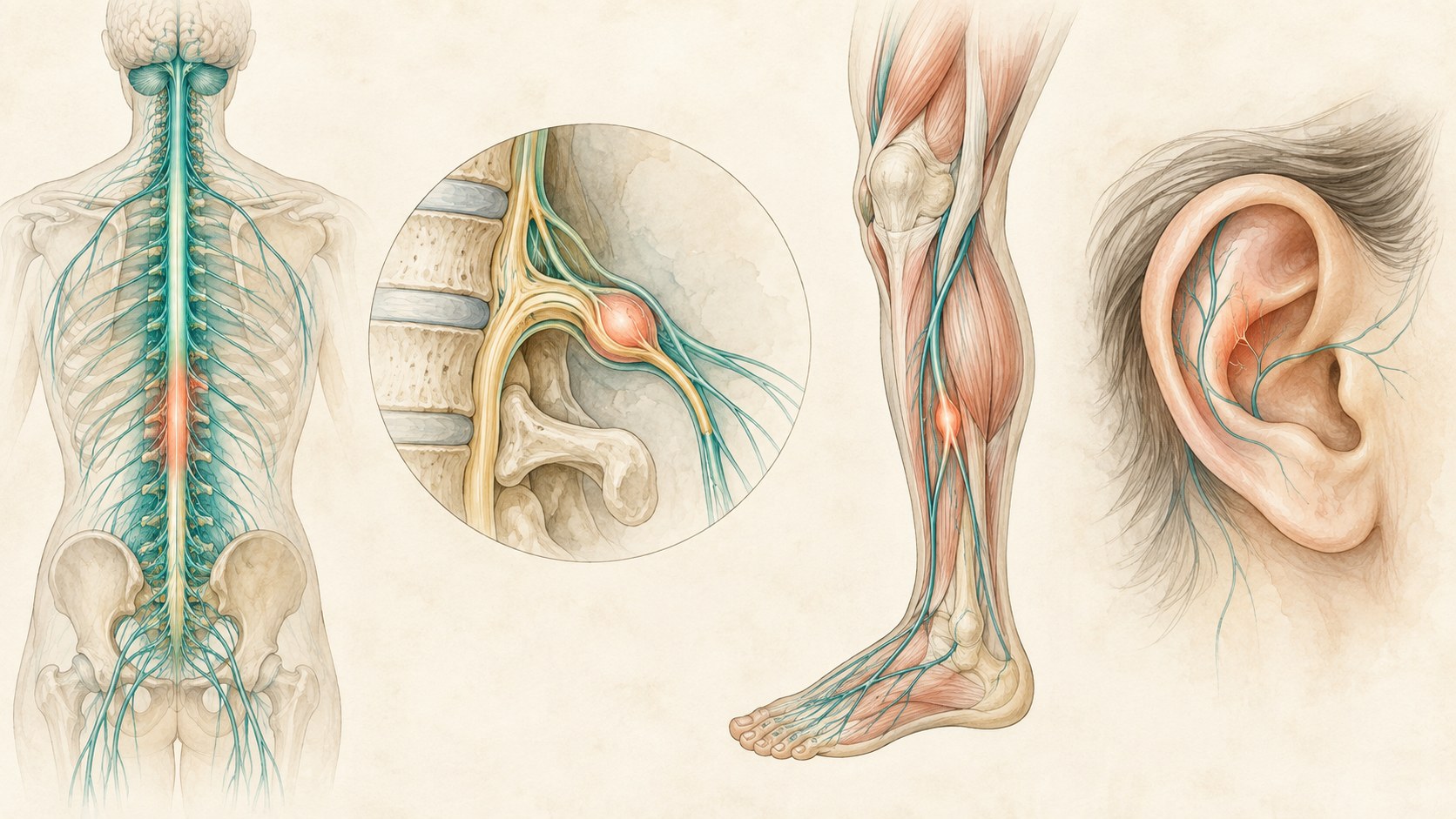 Comparative medical illustration of spinal cord, dorsal root ganglion, peripheral nerve, and auricular targets.