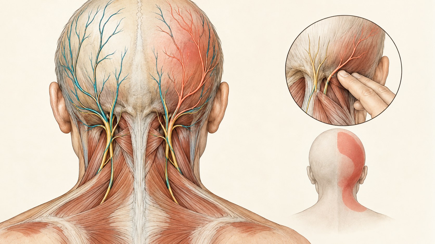 Medical illustration of the greater and lesser occipital nerves across the posterior scalp.