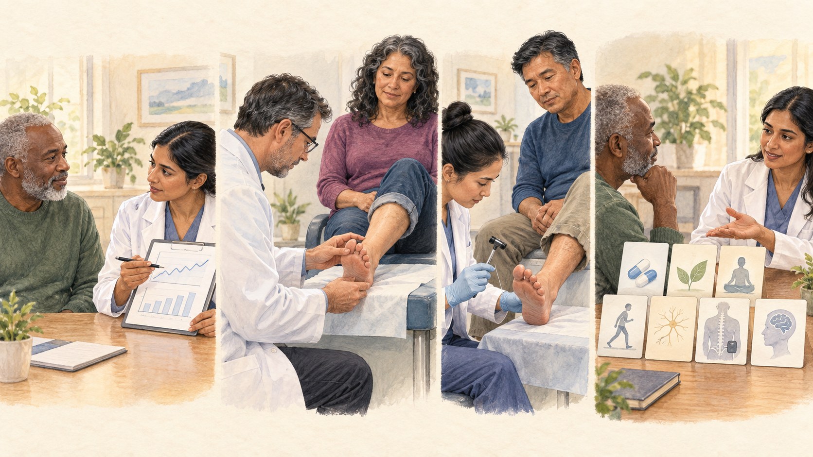 Clinical pathway illustration showing diabetes review, foot safety, neurologic examination, and balanced treatment selection.