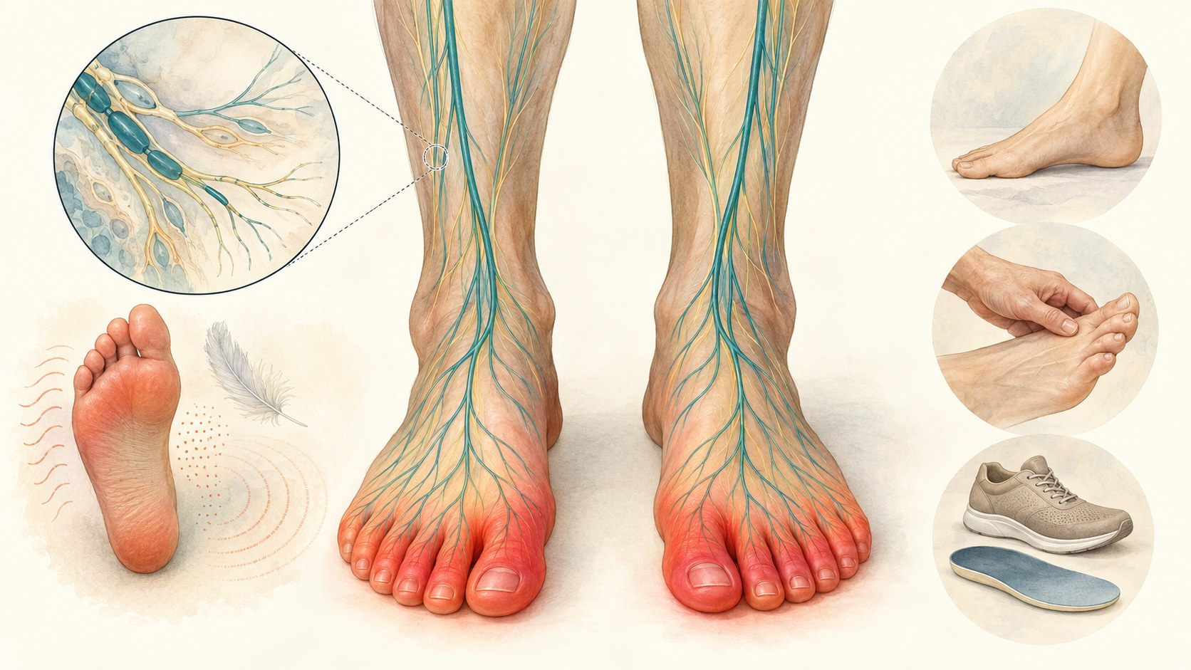 Medical illustration of length-dependent peripheral nerve changes and altered sensation in both feet.