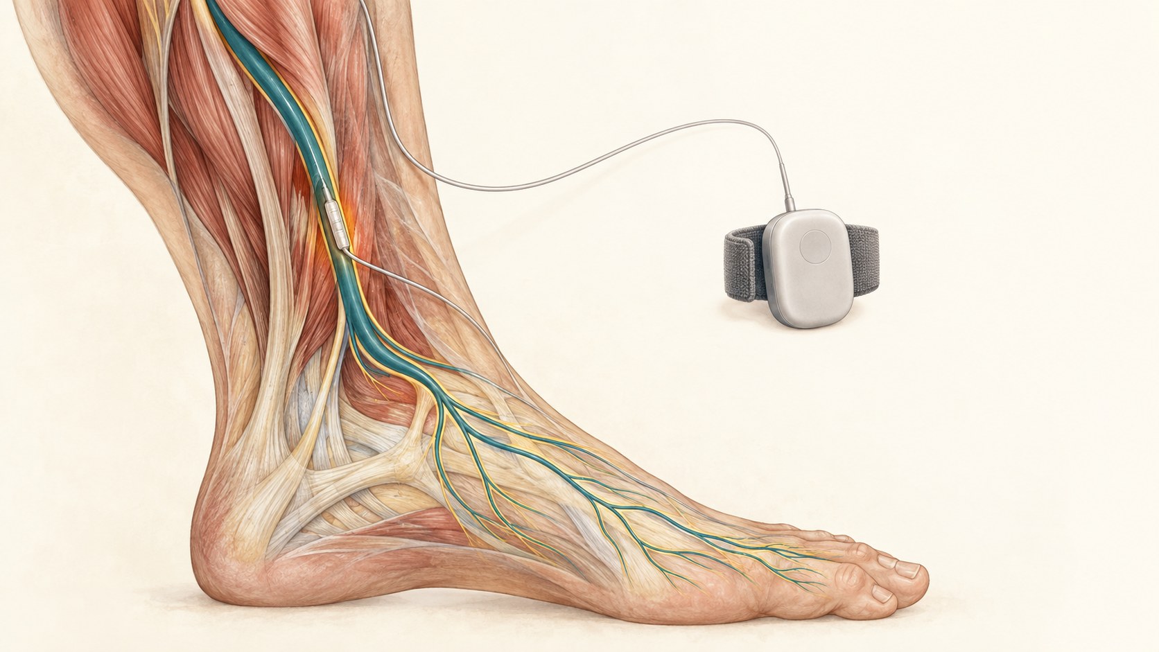 Medical illustration of a stimulation lead placed near a named peripheral nerve at the ankle.