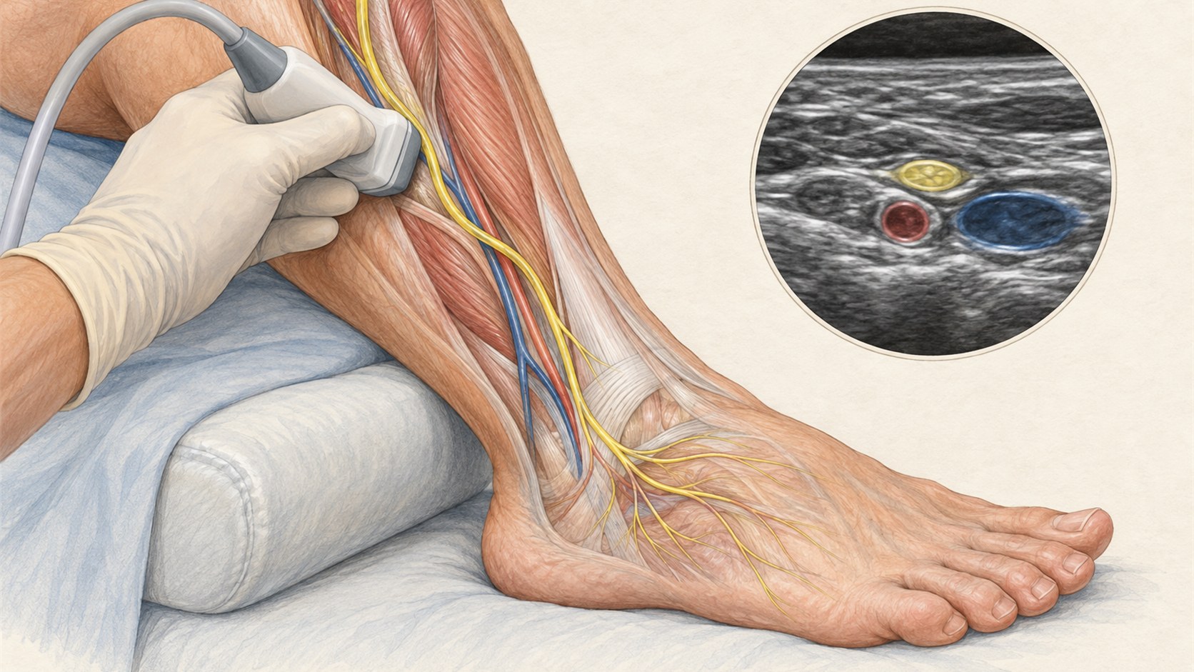 Clinician using ultrasound to evaluate a named peripheral nerve and nearby vessels at the lower leg and ankle.