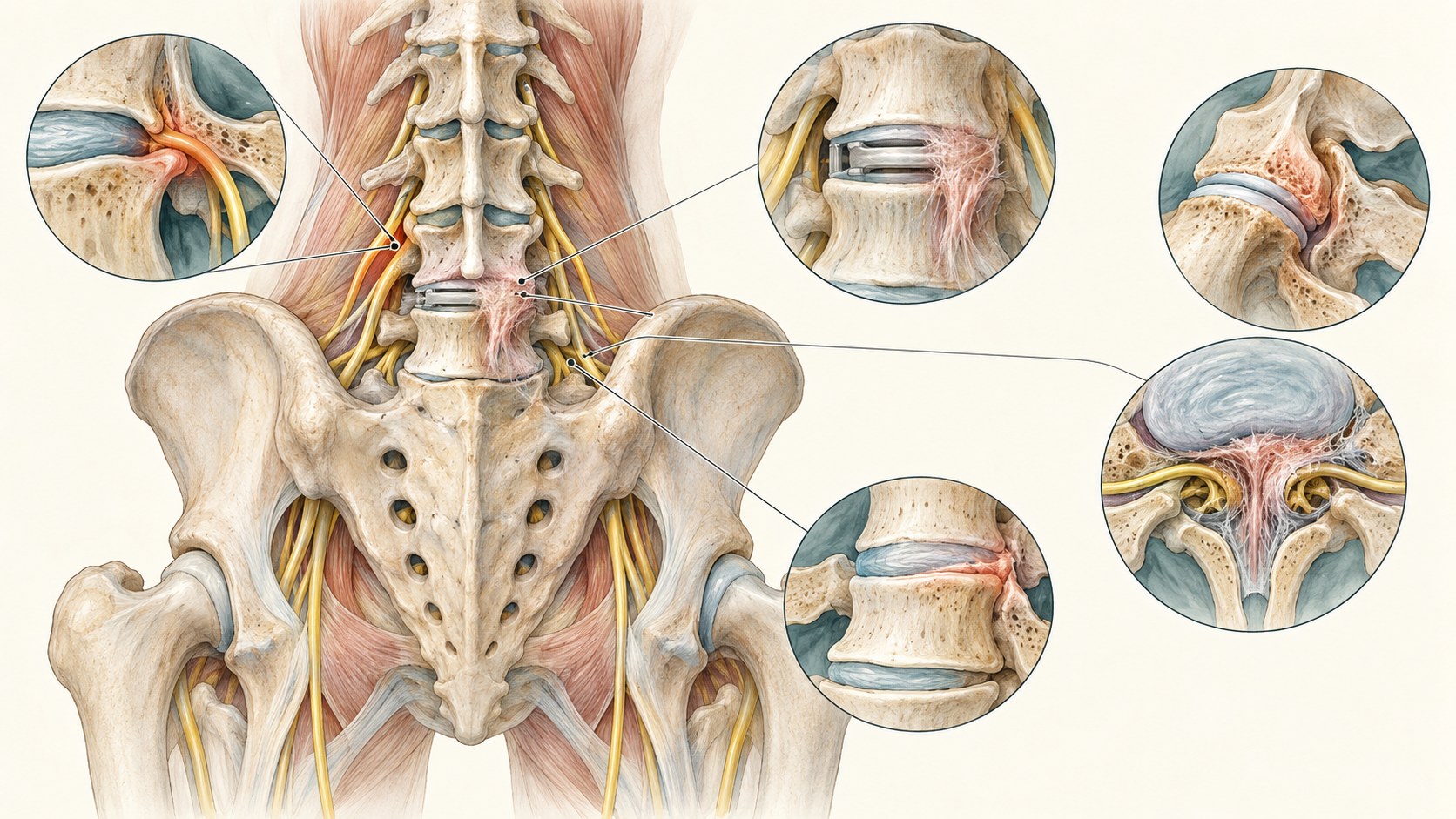 Medical illustration of lumbar postsurgical anatomy with several possible pain sources under review.