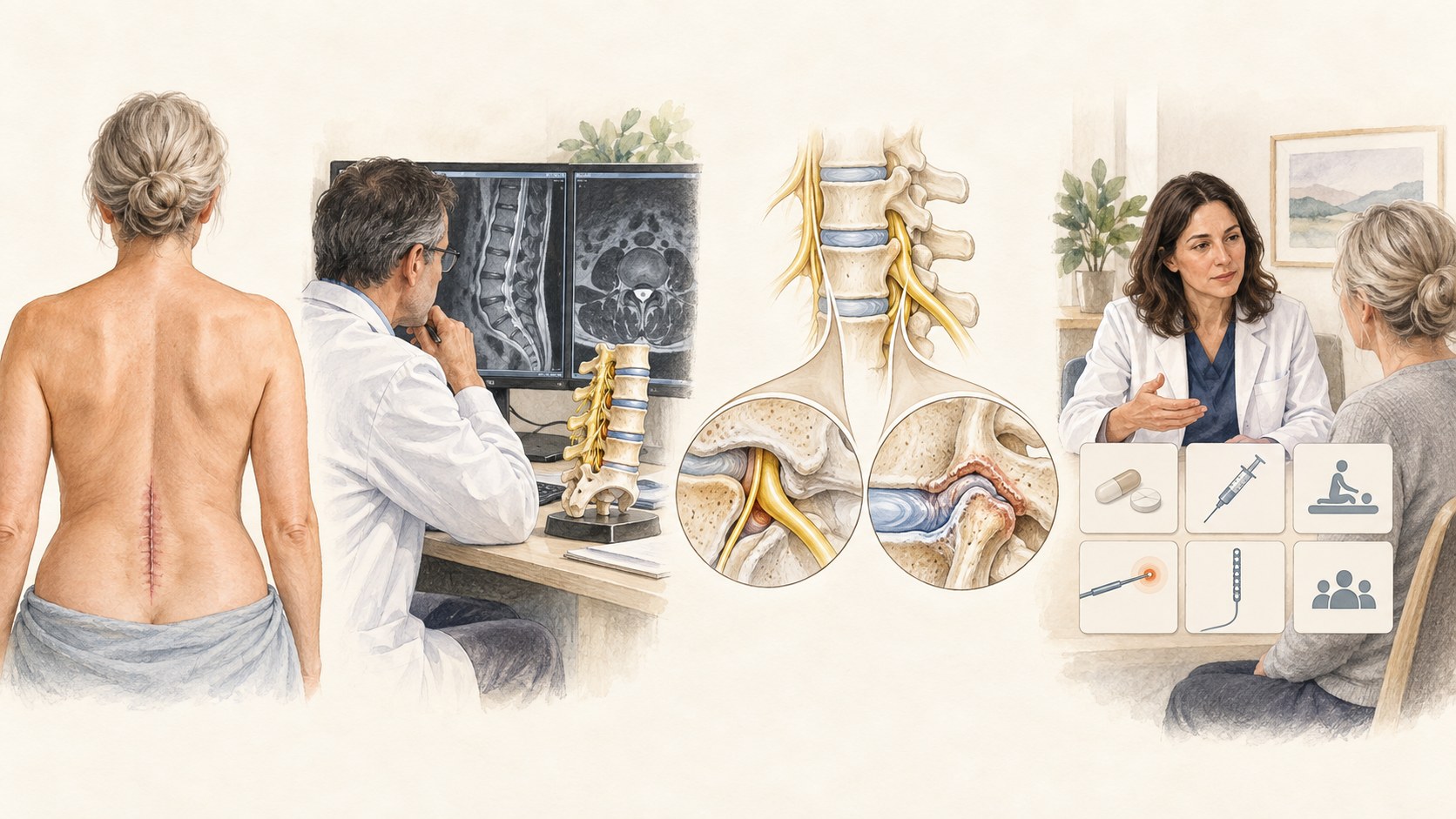 Clinical pathway illustration showing examination, imaging review, multiple possible pain sources, and a balanced treatment discussion after spine surgery.