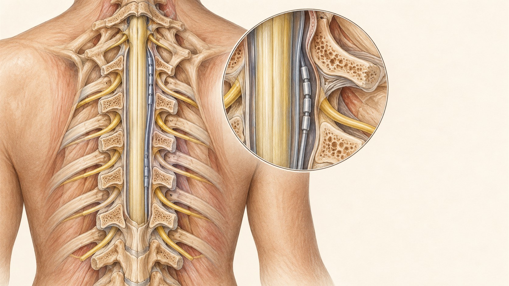 Posterior thoracic spine cutaway showing a generic spinal cord stimulation lead in the epidural space outside the spinal cord.