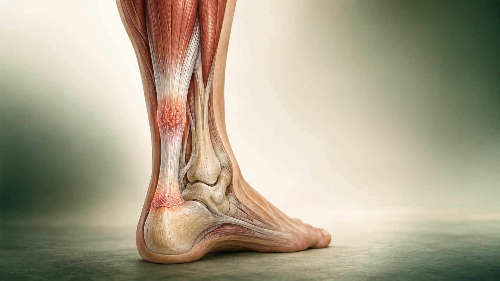 Cutaway of the Achilles tendon showing distinct midportion and insertional regions.